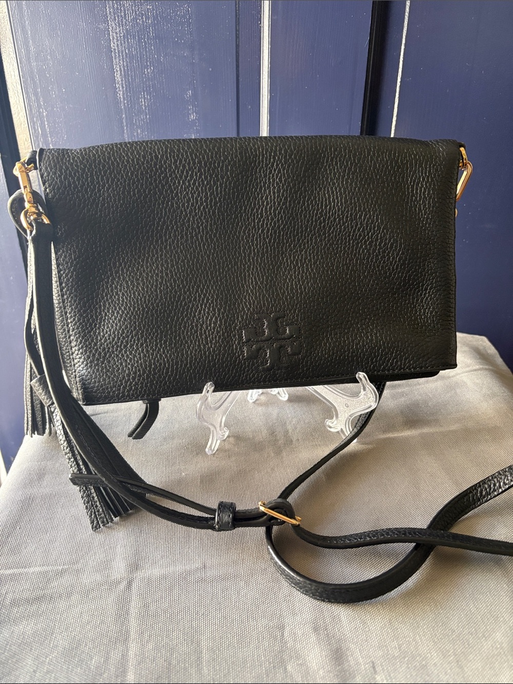 Tory Burch Black Pebbled Leather Foldover Crossbody Bag With Tassels